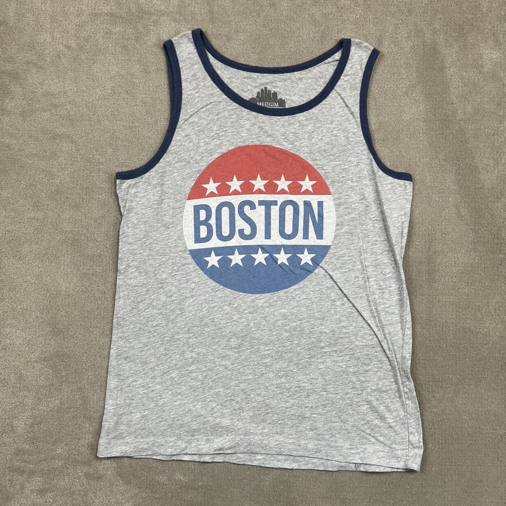 Unbranded Tank Top Mens Medium Gray Boston Graphic Ringer Trim Sleeveless